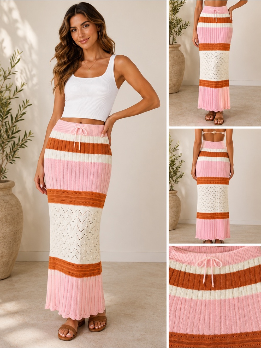 Indikah Pink, Cream & Rust Striped Maxi Skirt
